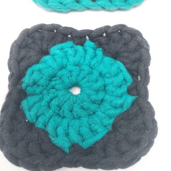 Handmade Crochet Coasters Teal Blue And Black Set Of 4 Square Coasters - Picture 2 of 6